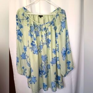 Talbots 2X Floral Peasant Top Green Blue Embroidered Flowy Cottagecore Romantic